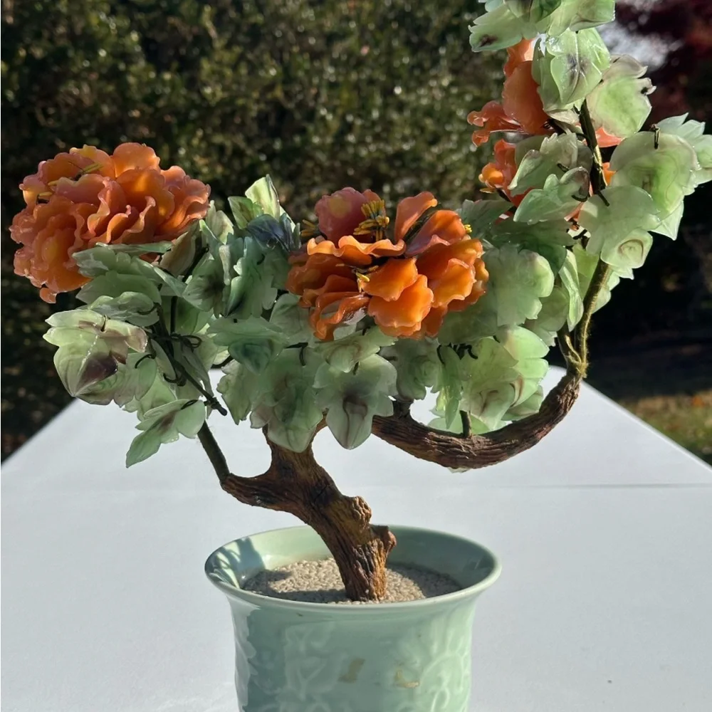 Orange Floral Jade / Glass Sculpture